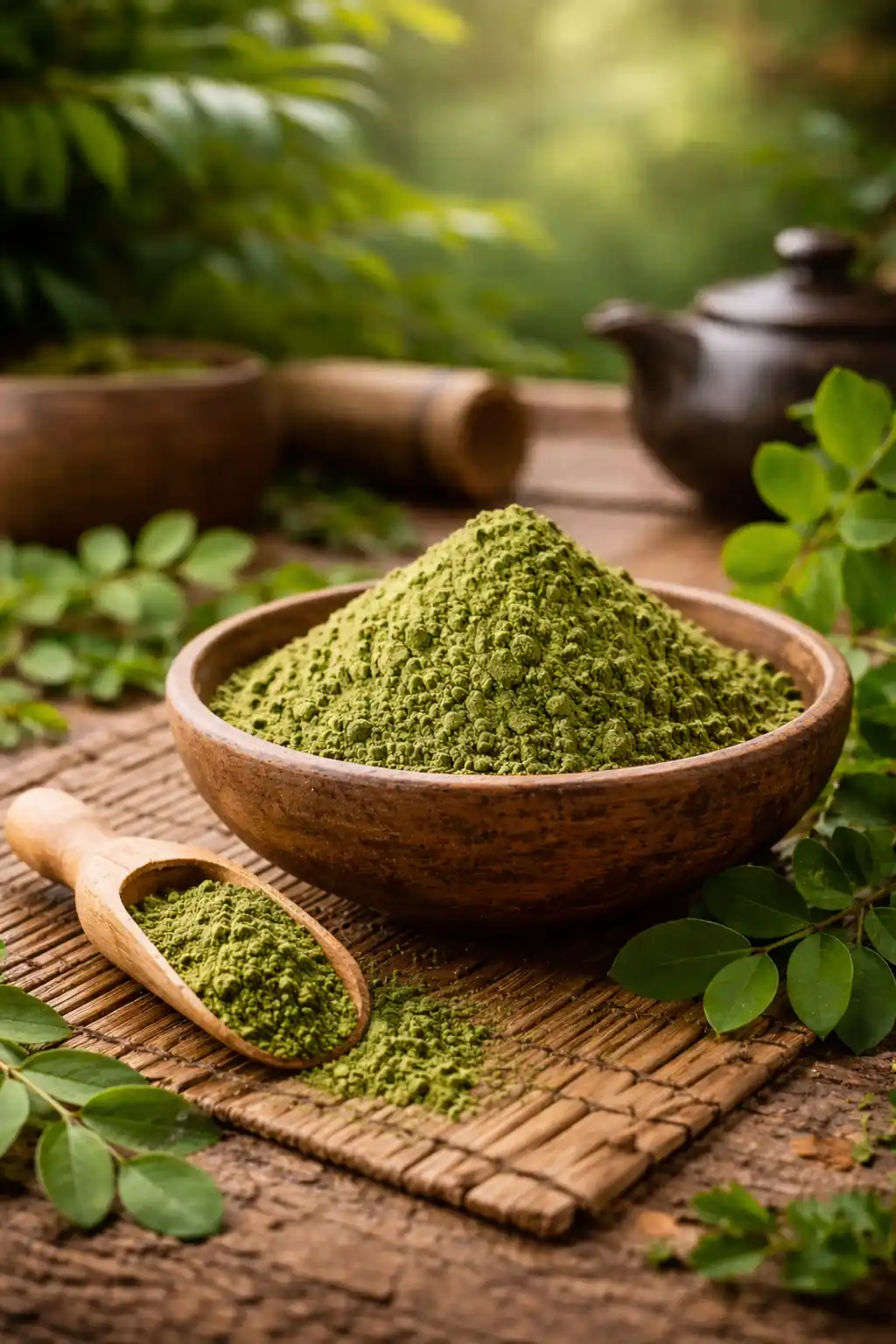 Poudre de moringa vert intense superaliment naturel en décor zen