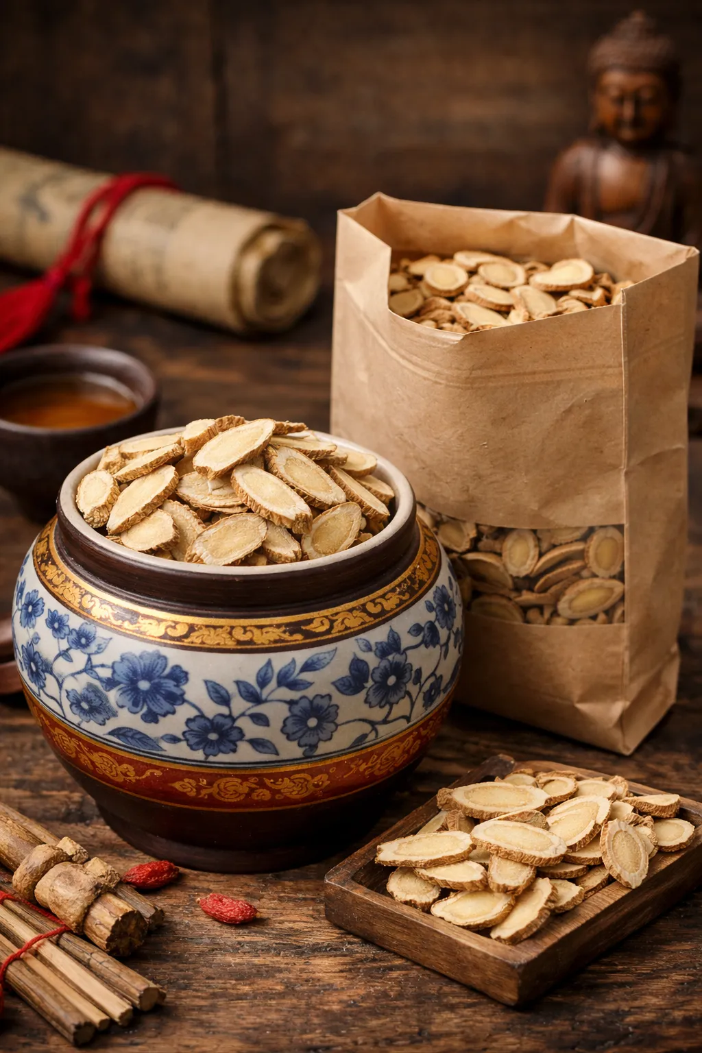 Astragale racine séchée Huang Qi en pot asiatique médecine chinoise