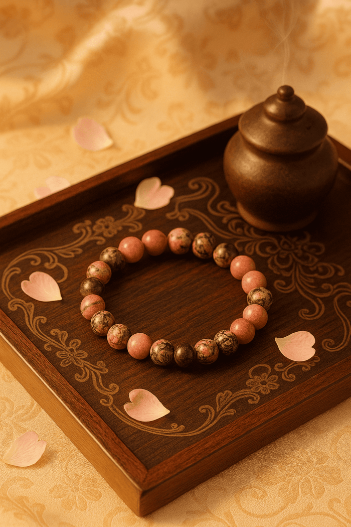 Bracelet en perles naturelles de rhodonite mauve – pierre apaisante pour le cœur et les émotions