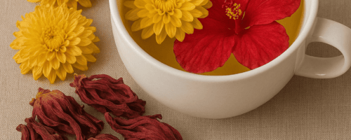 Infusion rouge d’hibiscus et chrysanthème avec fleurs séchées sur assiette claire