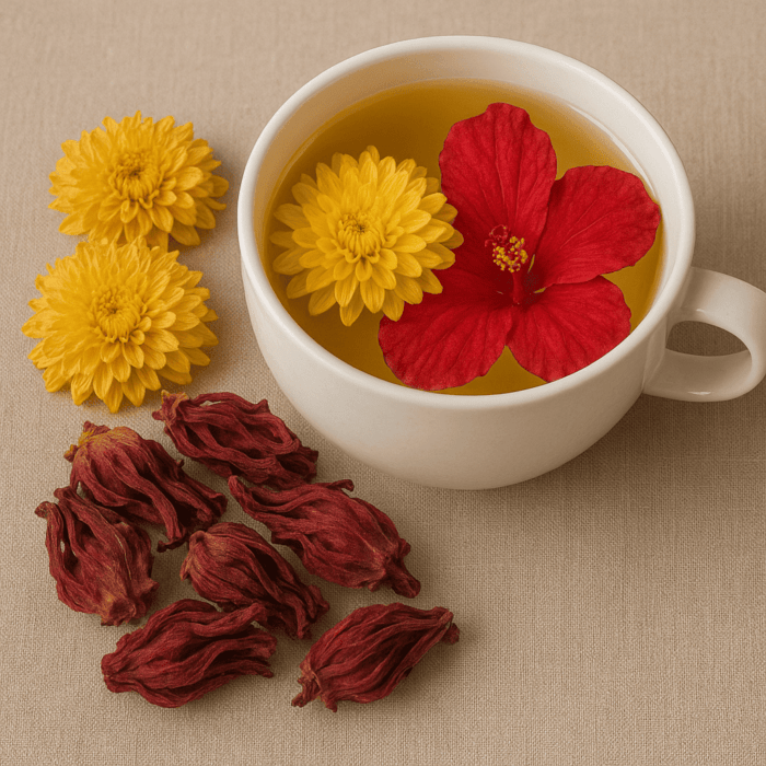 Infusion rouge d’hibiscus et chrysanthème avec fleurs séchées sur assiette claire