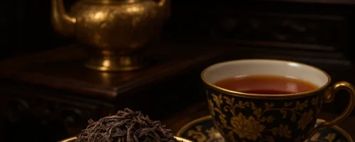 Thé Noir Darjeeling – L’or des thés de l’Himalaya, servi dans un décor luxueux d’inspiration asiatique.