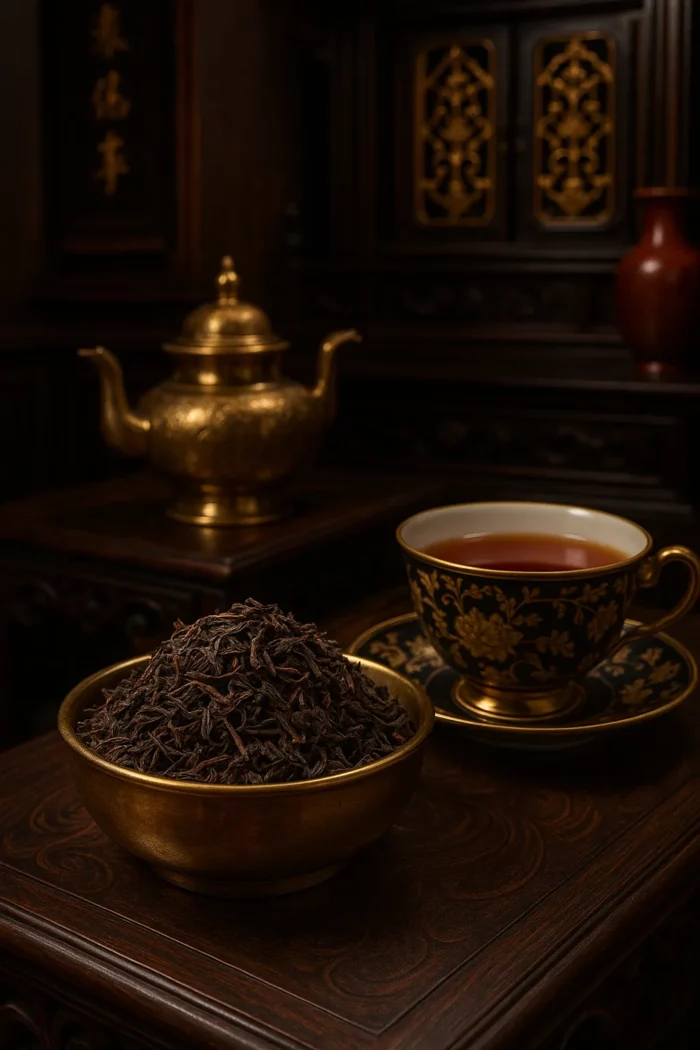 Thé Noir Darjeeling – L’or des thés de l’Himalaya, servi dans un décor luxueux d’inspiration asiatique.