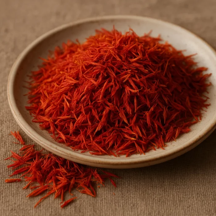 Fleur de Carthame séchée (Hong Hua) en vrac sur assiette – plante médicinale de la Médecine Traditionnelle Chinoise
