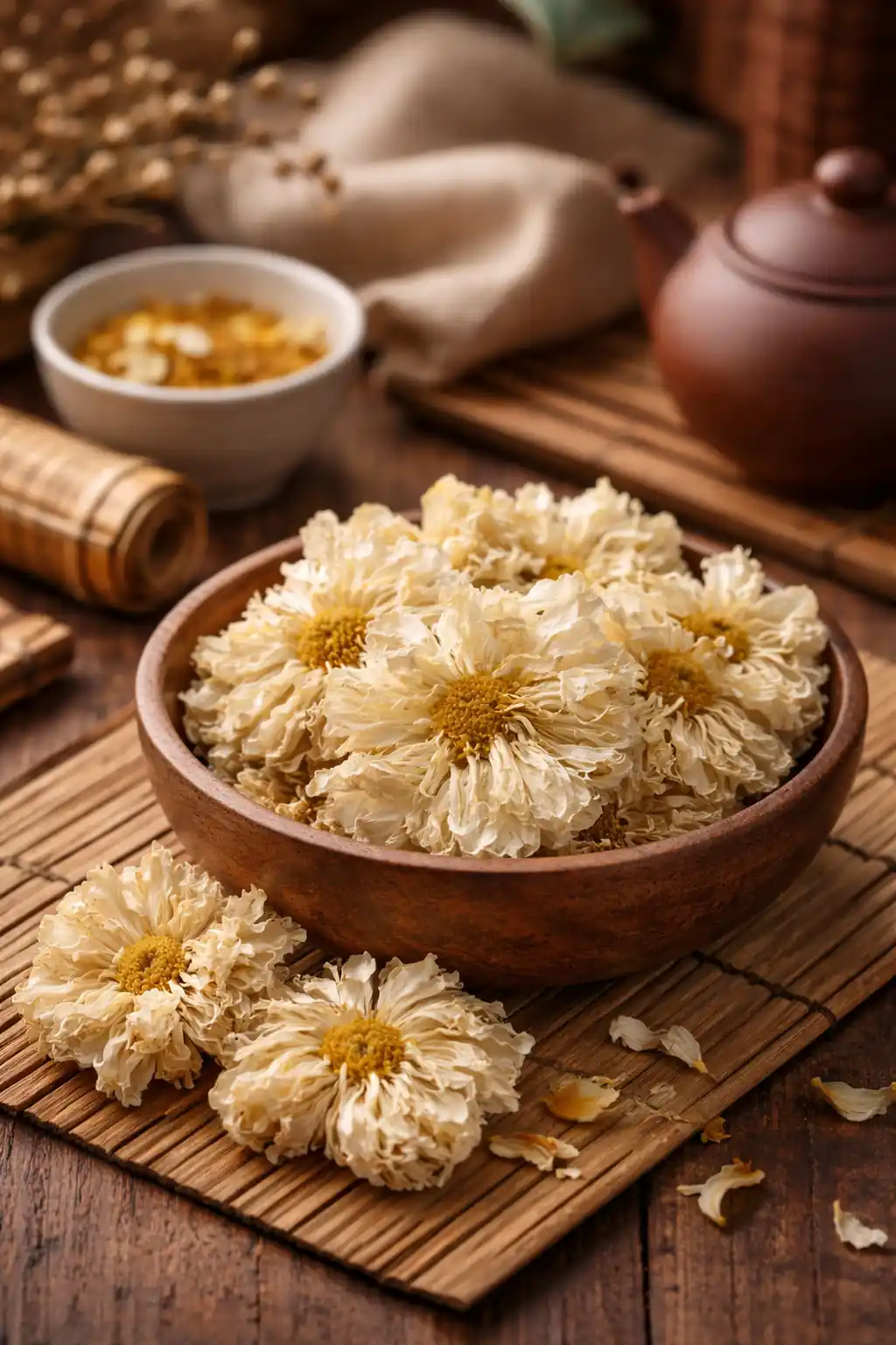 Fleurs de chrysanthème séchées Ju Hua en bol traditionnel asiatique pour infusion MTC