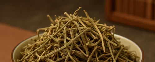 Chapelet de Canton (Ji Gu Cao) dans un bol décoratif asiatique – Abrus cantoniensis, plante hépatique en Médecine Traditionnelle Chinoise.