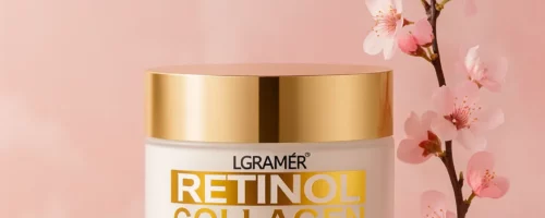 Crème anti-âge LGRAMER au rétinol et collagène présentée sur fond rose avec fleurs de cerisier
