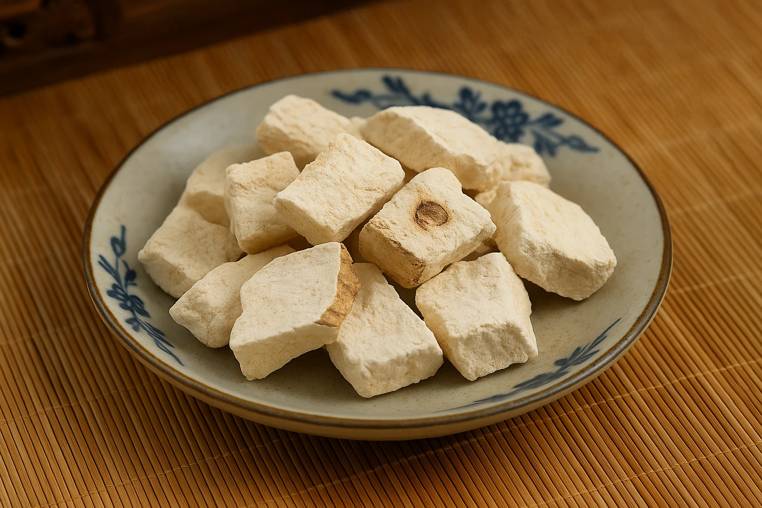 Morceaux de Fu Shen 茯神 (Poria avec racine de pin) disposés dans une assiette chinoise sur un tapis de bambou, plante utilisée en Médecine Traditionnelle Chinoise pour calmer le Shen et favoriser le sommeil.