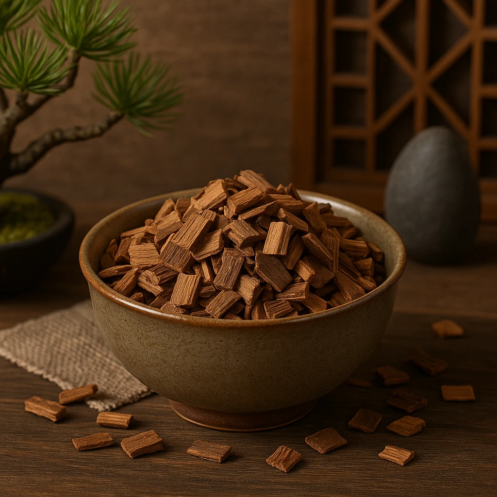 He Huan Pi – écorce d’Arbre à Soie séchée dans un bol zen sur fond en bois