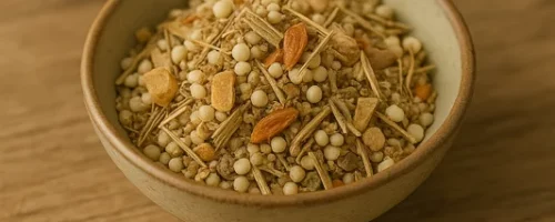 Bol en céramique contenant la soupe MTC Re Shi Cha déshydratée, mélange traditionnel de plantes chinoises contre l’humidité et la chaleur interne.