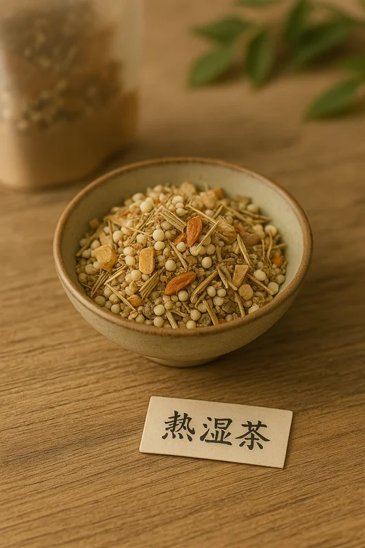 Bol en céramique contenant la soupe MTC Re Shi Cha déshydratée, mélange traditionnel de plantes chinoises contre l’humidité et la chaleur interne.
