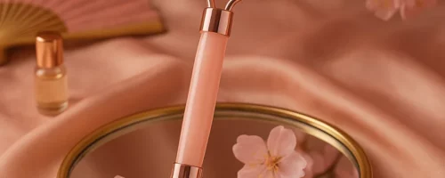 Rouleau de massage facial en résine rose posé sur un plateau doré avec fleurs de cerisier, dans une ambiance zen et féminine.