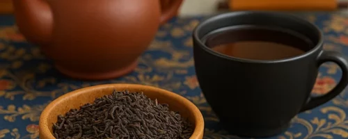 Thé Noir Nilgiri FOP dans un bol en bois avec une tasse d’infusion ambrée, sur un décor asiatique lumineux et coloré – Herbes de Chine