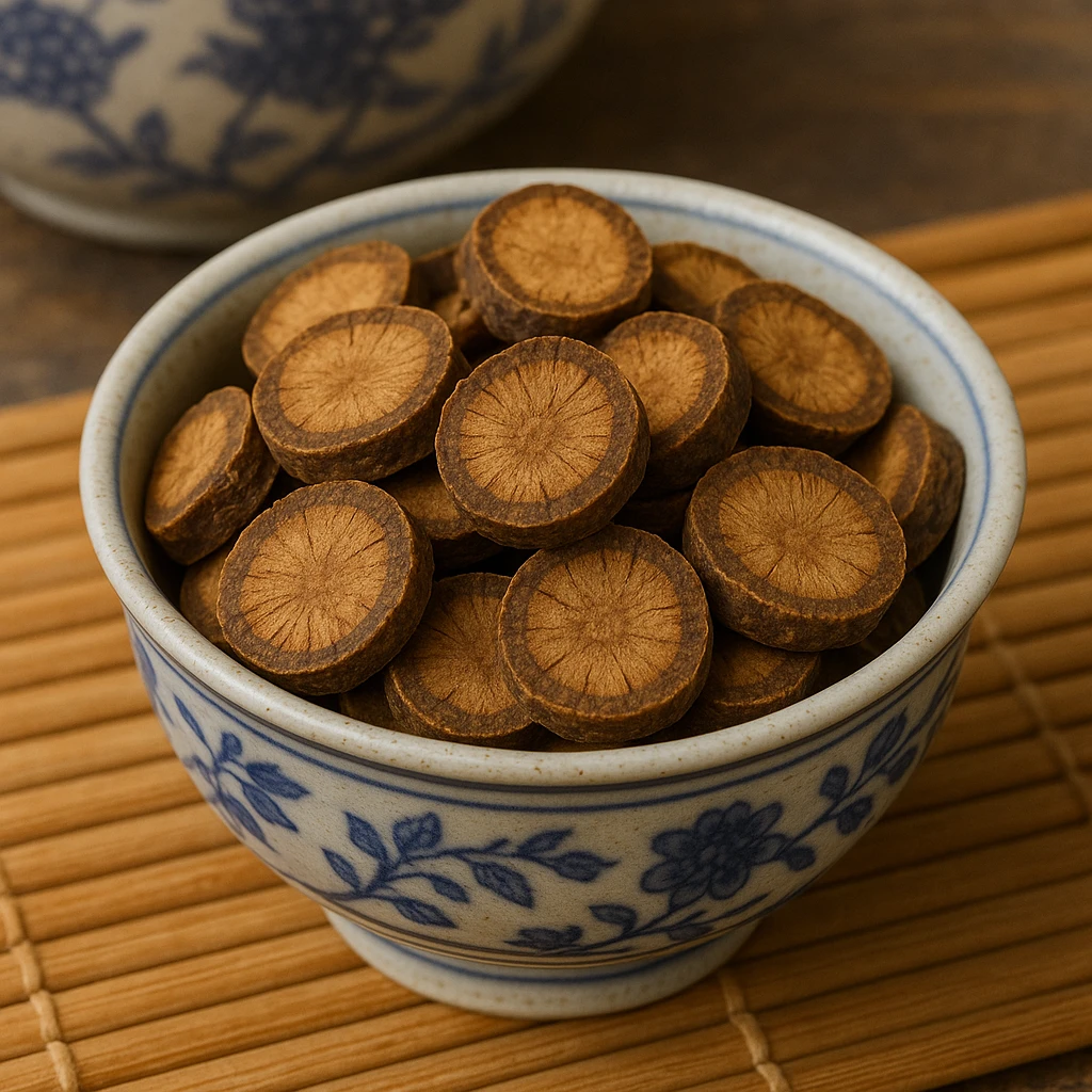 Tranches de Ye Jiao Teng (liane de renouée) dans une coupelle en porcelaine chinoise sur un tapis de bambou, plante utilisée en Médecine Traditionnelle Chinoise pour favoriser le sommeil et apaiser le Shen.