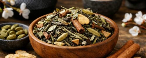 Mélange de thé blanc Pai Mu Tan et épices dans un décor asiatique traditionnel