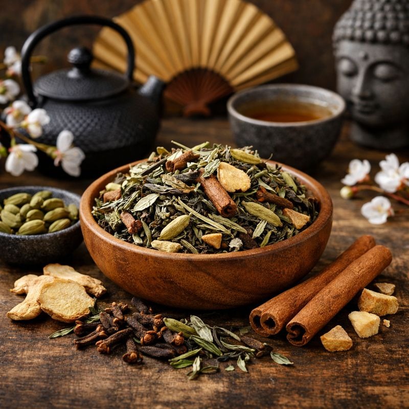 Mélange de thé blanc Pai Mu Tan et épices dans un décor asiatique traditionnel