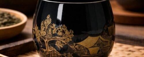 Tasse à Thé en Céramique – Glaçure marine & Paysage Doré d’Inspiration Asiatique