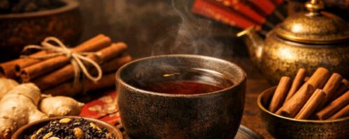 tasse de thé noir épicé fumant, infusion chaude cannelle gingembre