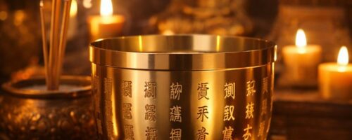 Bol Feng Shui des Cent Bénédictions en cuivre doré dans un décor asiatique