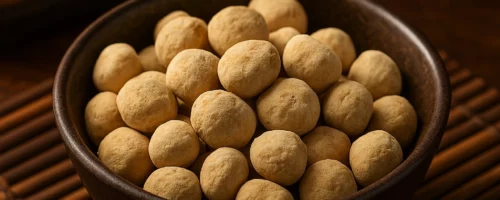 Rhizome de Ban Xia préparé présenté dans un bol asiatique