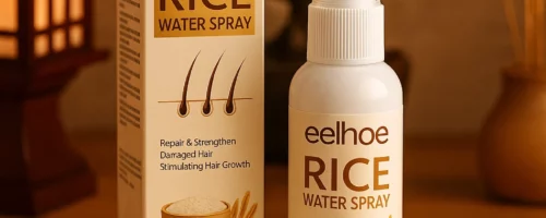 Eau de riz cheveux Eelhoe – spray capillaire et boîte dans un décor zen