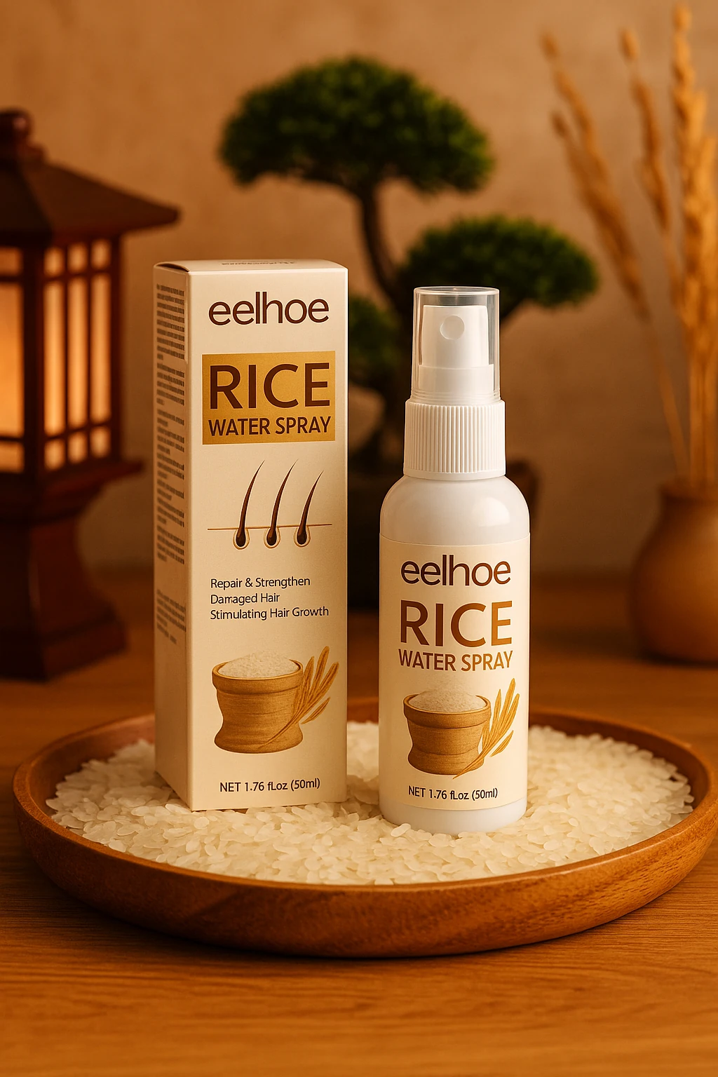 Eau de riz cheveux Eelhoe – spray capillaire et boîte dans un décor zen