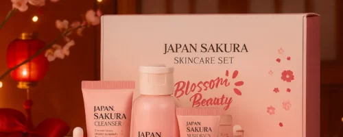 Coffret soin visage Japan Sakura en ambiance asiatique de Noël, avec lanternes rouges, fleurs de cerisier et décor festif.