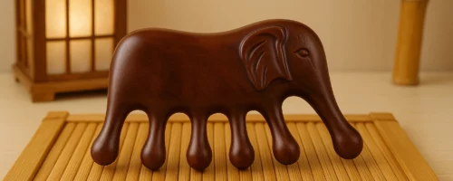 Peigne de massage des méridiens en forme d’éléphant posé sur bambou