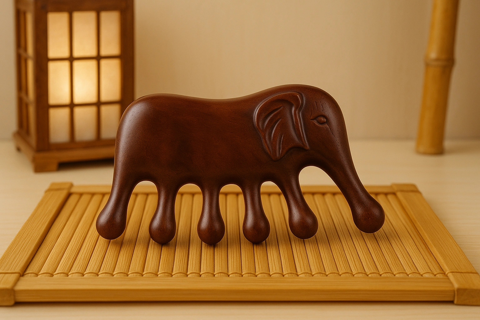 Peigne de massage des méridiens en forme d’éléphant posé sur bambou