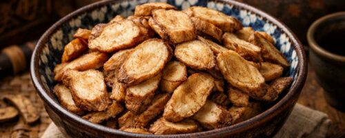 Racine de pivoine blanche préparée Chao Bai Shao (炒白芍) présentée dans un bol asiatique traditionnel