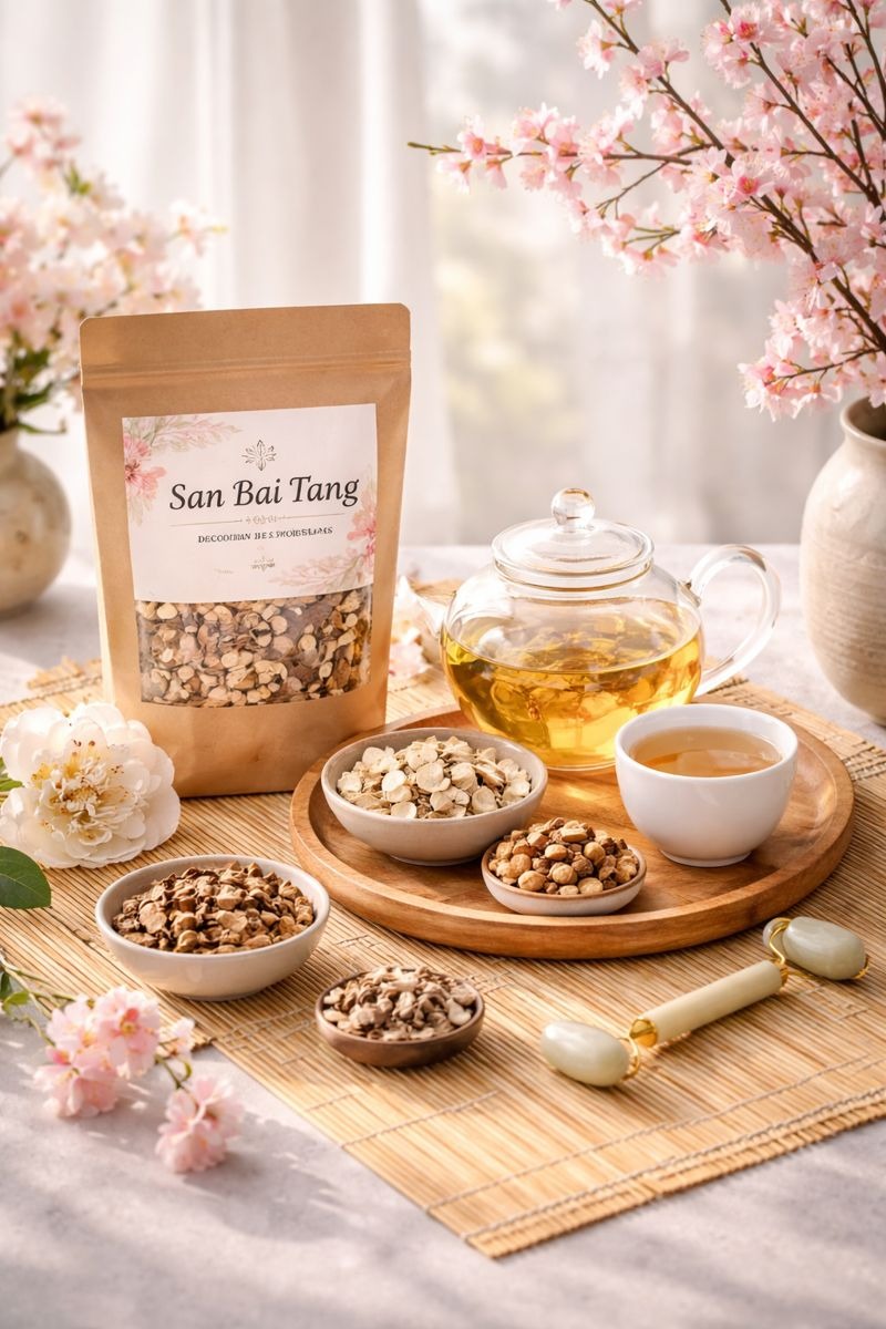 la décoction des trois blancs, mélange de plantes San Bai Tang, tisane chinoise pour la beauté de la peau et l’éclat du teint