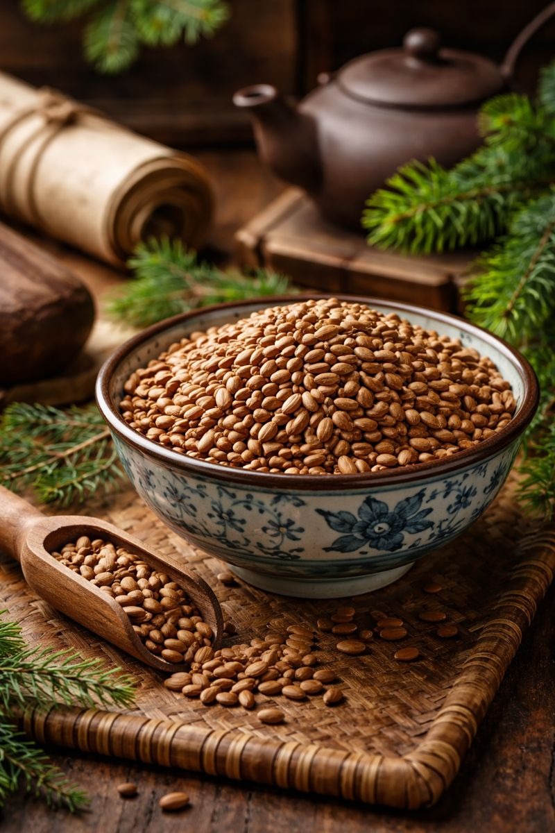 Graines de thuya de Chine dans un bol en céramique, décor asiatique naturel