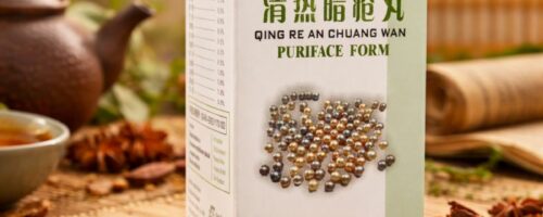 Boîte de Qing Re An Chuang Wan – formule traditionnelle chinoise, mise en scène asiatique