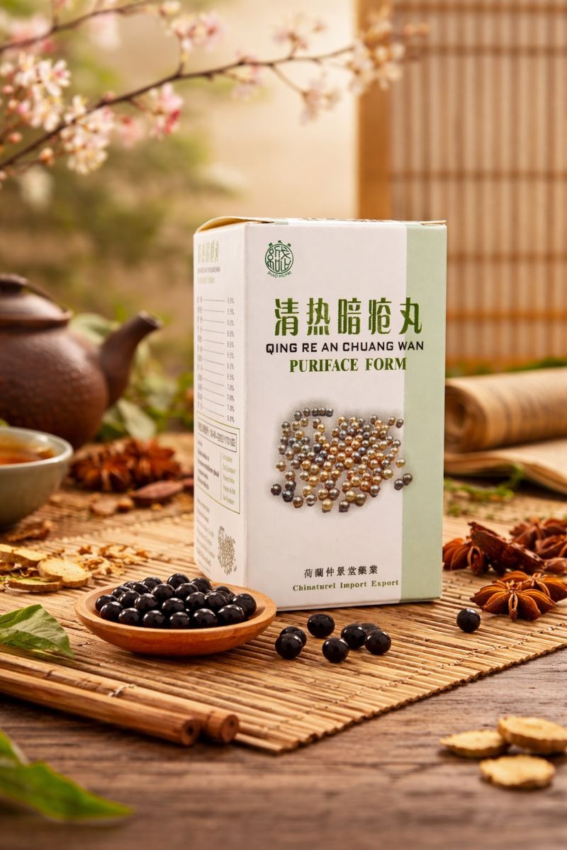 Boîte de Qing Re An Chuang Wan – formule traditionnelle chinoise, mise en scène asiatique