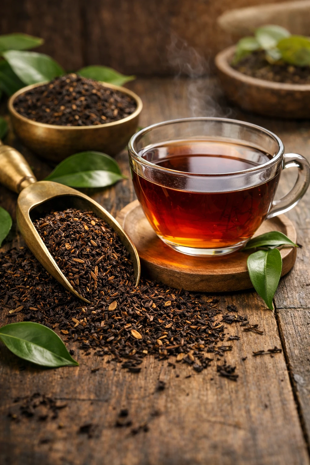 feuilles de thé noir assam bio premium et tasse en verre infusion ambrée