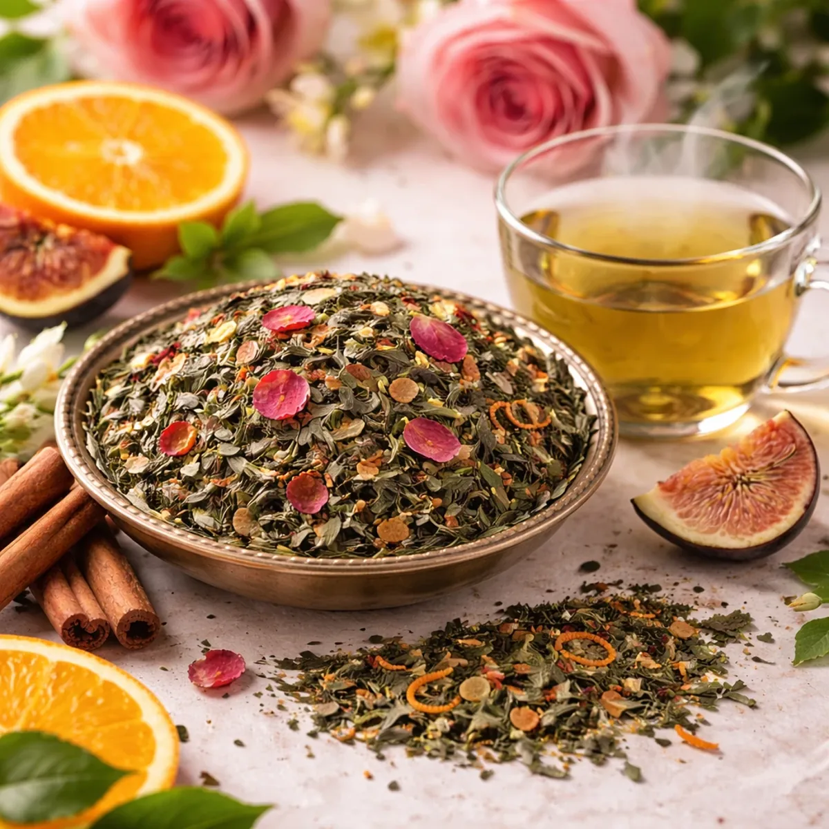 thé vert sencha aux roses et agrumes avec tasse fumante
